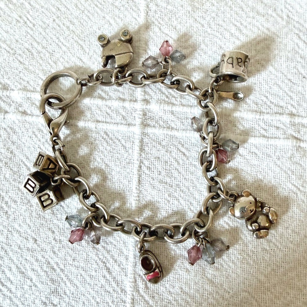 Vintage Silver tone Baby Themed Charm Bracelet Teddy Bear Blocks Pink Blue